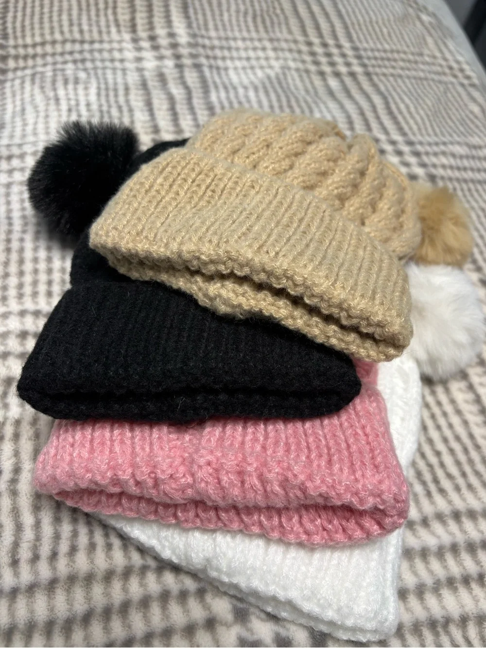 Cozy Kids Pom-Pom Knit Beanies — Pink, White, Black, Beige